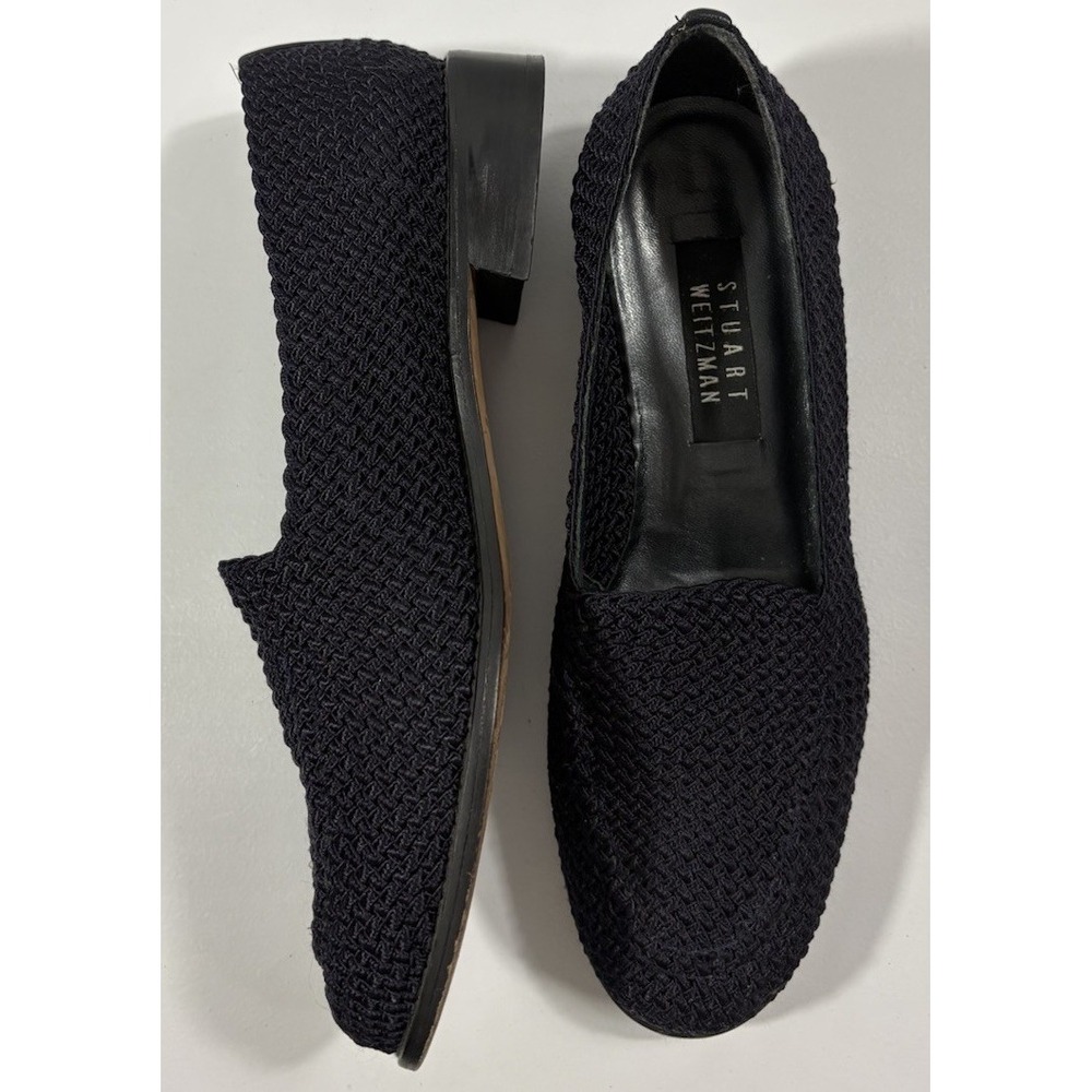 Stuart Weitzman Navy Blue Woven Fabric Loafers Leather Sole Flats Shoes Size 8.5